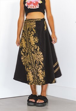 90s embroidered Linen Wrapped Skirt In Black And Gold