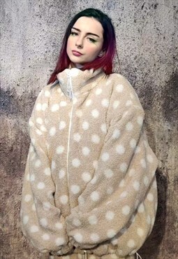 Polka dot fleece jacket handmade fluffy spot bomber cream