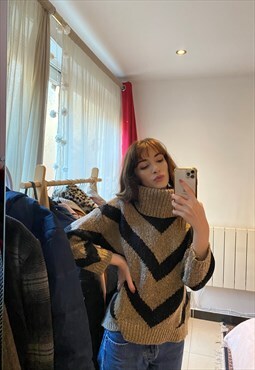 Vintage Crochet Knit Brown Black Y2K Jumper Long Sleeve