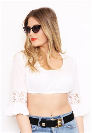 VINTAGE 70S WHITE LACE BOHO SUMMER CROP TOP