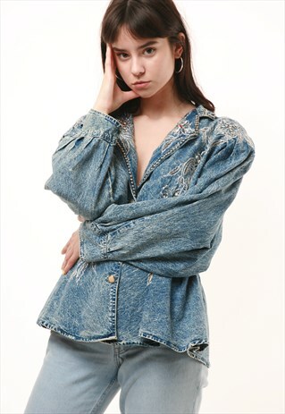 80S VINTAGE DENIM ACID WASH BLUE BLAZER JACKET 771