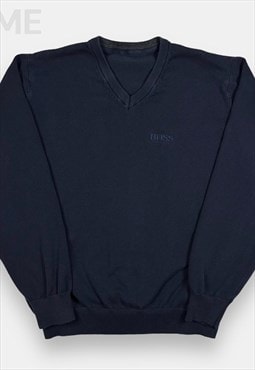 Hugo Boss embroidered navy blue V neck knitwear jumper L