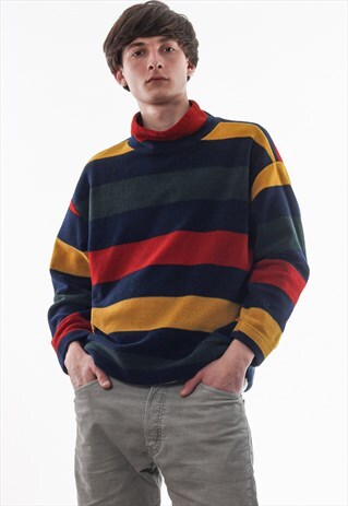 VINTAGE BENETTON TURTLENECK SWEATER 90S BLUE RED YELLOW