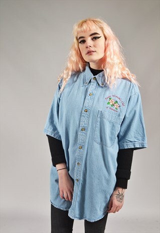 VINTAGE LIGHT BLUE WOMEN'S CLUB EMBROIDERED DENIM SHIRT