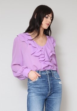 80's Ladies Vintage Blouse Purple Ruffle Long Sleeve
