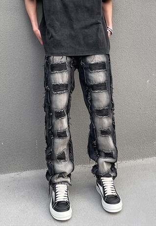 BLACK WASHED DISTRESSED DENIM JEANS PANTS TROUSERS