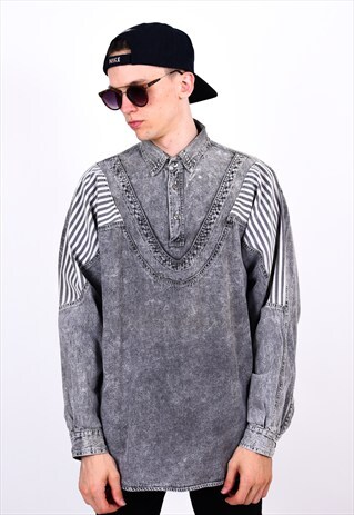 VINTAGE 90S GREY ACID WASH 1/4 BUTTON DENIM SHIRT