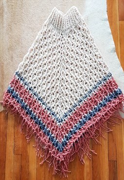 Vintage Crochet Handmade Beige Pink Blue Spring Poncho