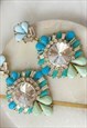 GREEN BLUE DOOR KNOCKER DIAMANTE CHANDELIER DROP EARRINGS