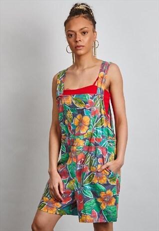 VINTAGE 80'S MULTI COLOURED FLORAL DUNGAREE SHORTS