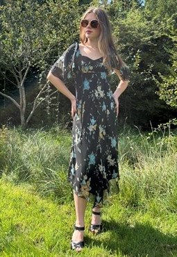 70's Vintage Black Floral Sheer Fluted Sleeve Midi Dress