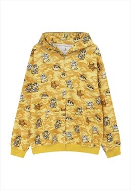 Camo hoodie anime print pullover Kawaii cartoon top yellow