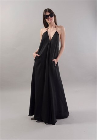 BLACK KAFTAN MAXI BLACK LINEN DRESS OPEN BACK DRESS F1799