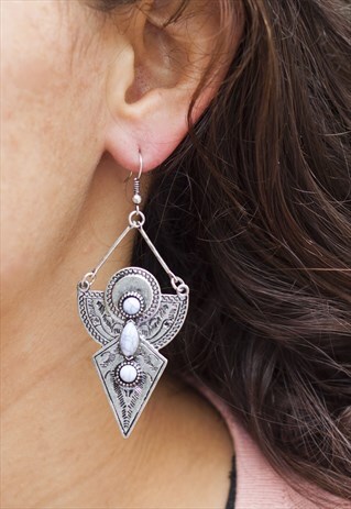 ETHNIC SILVER ENGRAVED EARRINGS & MARBLE STONES