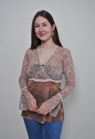 VINTAGE PAISLEY BLOUSE, LACE MESH TOP
