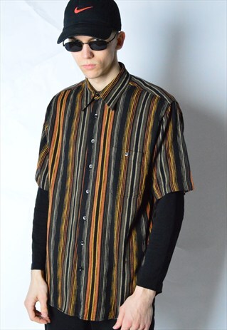 VINTAGE 90S BLACK COLOURFUL STRIPED SHORT SLEEVE SHIRT