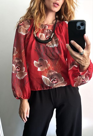 VINTAGE RED FLORAL BOHO BLOUSE - S - M