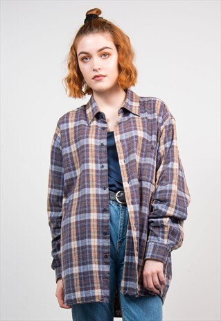 90'S CHECK PATTERN GRUNGE OVERSIZE FLANNEL SHIRT