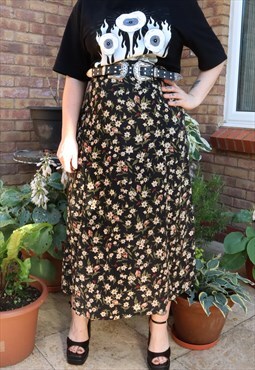 Vintage 90s Black Cottage Floral Flower Festival Maxi Skirt