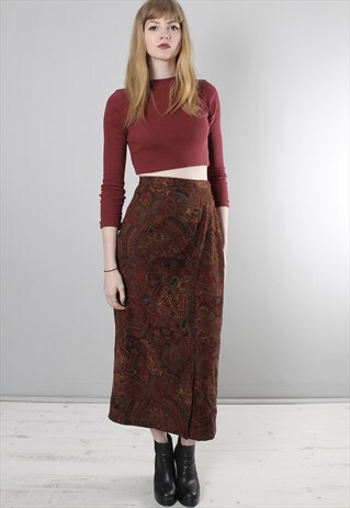 VINTAGE 80S MAROON PAISLEY PENCIL LONG MIDI WRAP SKIRT