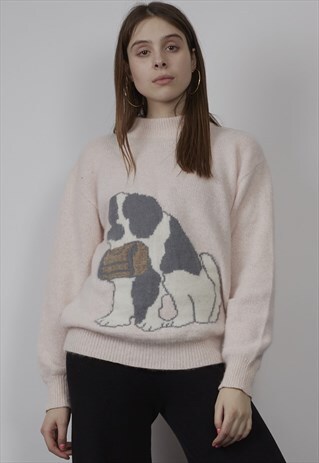 VINTAGE 80'S OVERSIZED DOG BABY PINK FLUFFY JUMPER