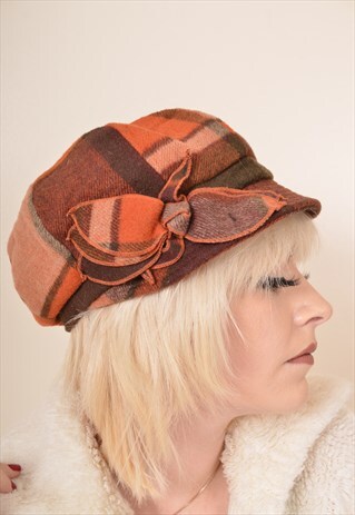 VINTAGE CHECK PATTERNED CAP HAT IN AUTUMN ORANGE