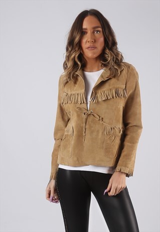 SUEDE LEATHER FRINGE TASSEL JACKET SHORT UK 10 (GWCH)