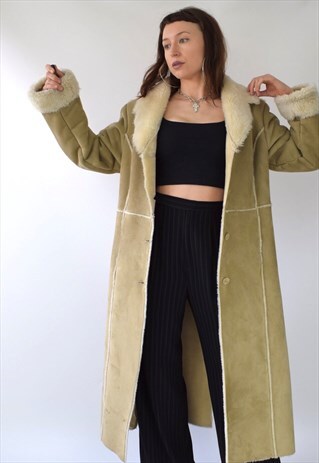 VINTAGE Y2K 00S LONG FAUX SHEARLING/SUEDE/FUR BEIGE COAT