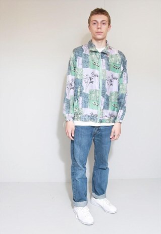VINTAGE 1990'S MIXED PRINT GREEN & LILAC SILK BOMBER JACKET