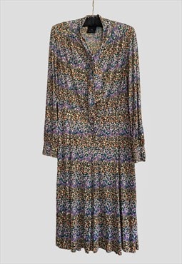 Gibi Roma Vintage Slinky Floral Long Sleeve 70's Midi Dress