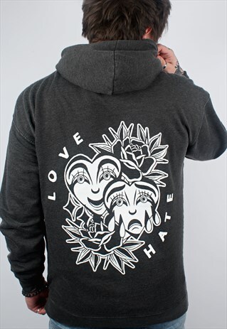 LOVE & HATE ACID WASH DARK GREY PULLOVER HOODIE