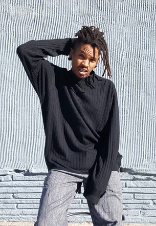 90S MINIMALIST LUXURY BLACK MERINO WOOL MOCK NECK SWEATER