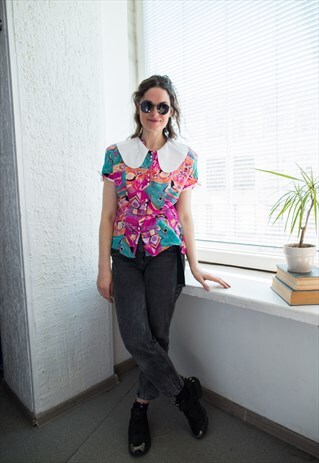 VINTAGE 70'S MULTICOLOUR ABSTRACT PRINT WHITE COLLAR BLOUSE