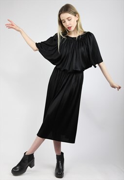Vintage 80s Pleated Midi Dress Black Medium