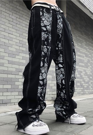 REWORKED PAISLEY PRINT JEANS GRAFFITI STITCH DENIM OVERALLS