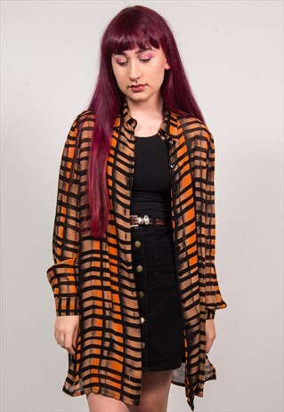VINTAGE 90'S ORANGE CHECKED OVERSIZED LONG SLEEVE SHIRT
