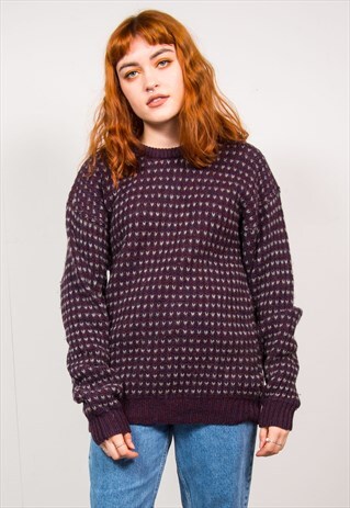 VINTAGE 90'S PURPLE THICK CHECKED KNIT JUMPER