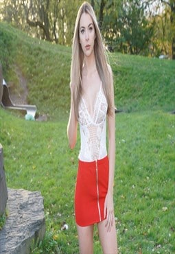 Red Mini Skirt Silver Full Zip High Waist Bodycon Skirt