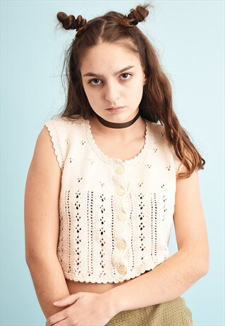 90'S RETRO BOHO STYLE NEUTRAL KNIT CROP TOP