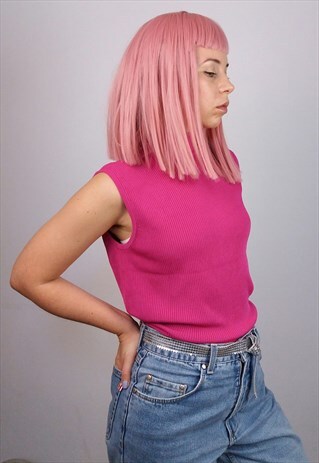 VINTAGE 90'S RIBBED KNIT TURTLENECK/HIGH NECK TOP IN PINK