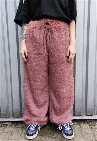 FAUX FUR JOGGERS FLEECE PANTS HANDMADE FLUFFY TROUSERS BROWN