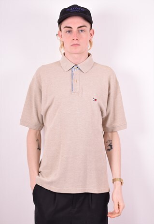 TOMMY HILFIGER MENS VINTAGE POLO SHIRT LARGE BEIGE 90'S