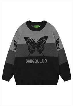 Kawaii sweater knitted butterfly jumper color block top grey