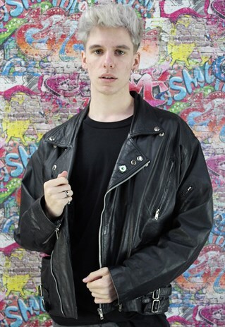 VINTAGE 80'S LEATHER BLACK UNISEX BIKER JACKET. GRUNGE