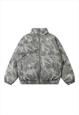Tie-dye bomber jacket faux leather gradient puffer in grey