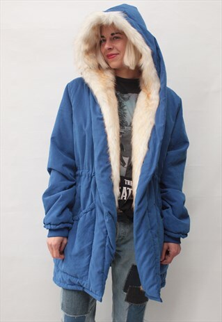 VINTAGE 90' AMAZING ELECTRIC BLUE FURRY PARKA JACKET