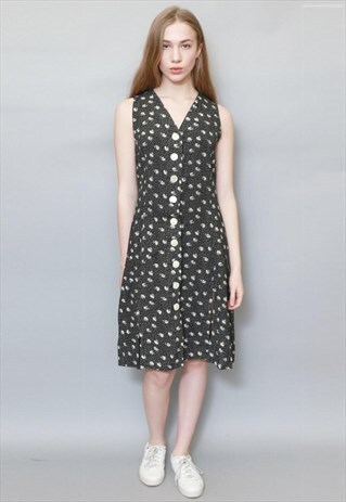 VINTAGE 1990'S PRETTY BLACK AND WHITE FLORAL MIDI DRESS