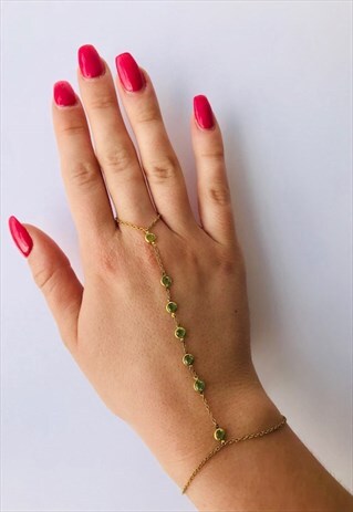 VINTAGE GOLD CHAIN FINGER BRACELET WITH GREEN CRYSTALS