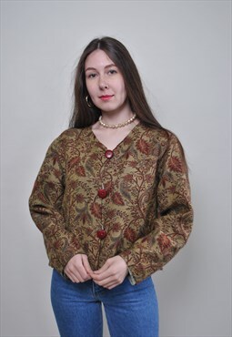 Flowers boho jacket, 80s floral wool blazer, vintage buttons