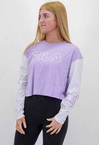VINTAGE FILA SPELL OUT CROP TOP T-SHIRT IN PURPLE LARGE
